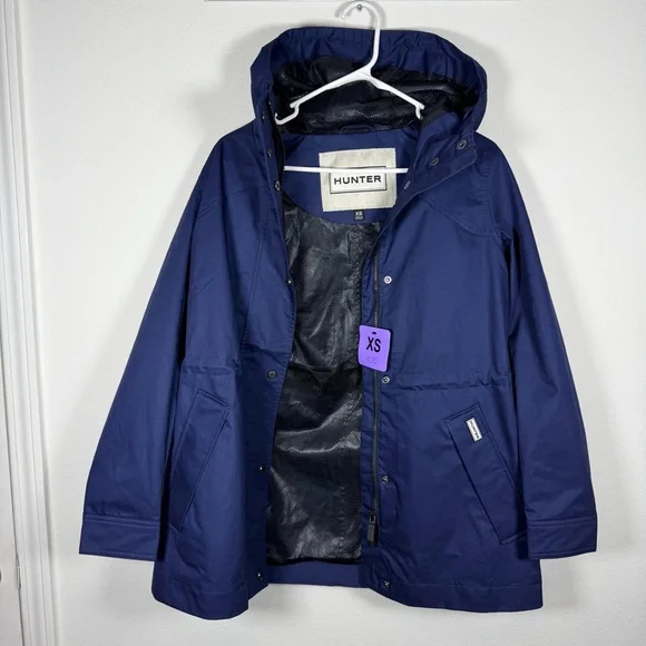 Hunter Cotton Smock Jacket Navy Water Resistant Hooded Women’s XS Mid-Length - Picture 10 of 10